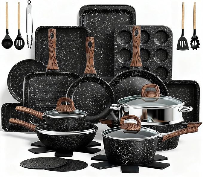 Pots and Pans Set Non Stick 31 Piece Kitchen Induction Cookware &amp Bakeware Set Nonstick Kitchen Cooking Pans Set with Frying Pans Set Grill Pan Saucepan Baking Sheet &amp Utensils PFOA Free