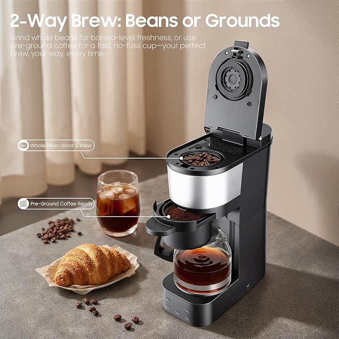 Grind and Brew Coffee MakerDrip Coffee Maker with Grinder Built In5-Cup Programmable Coffee Machine with Brew StrengthWarming Plate and Multiple Grind Levels for Home &amp Office