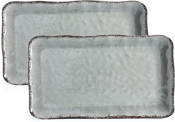 LEHAHA Melamine Crackled Rustic Serving Platter Set of 2 Farmhouse Large Rectangle Trays for Food Entertaining and Party Use 17.5x 10 Grey