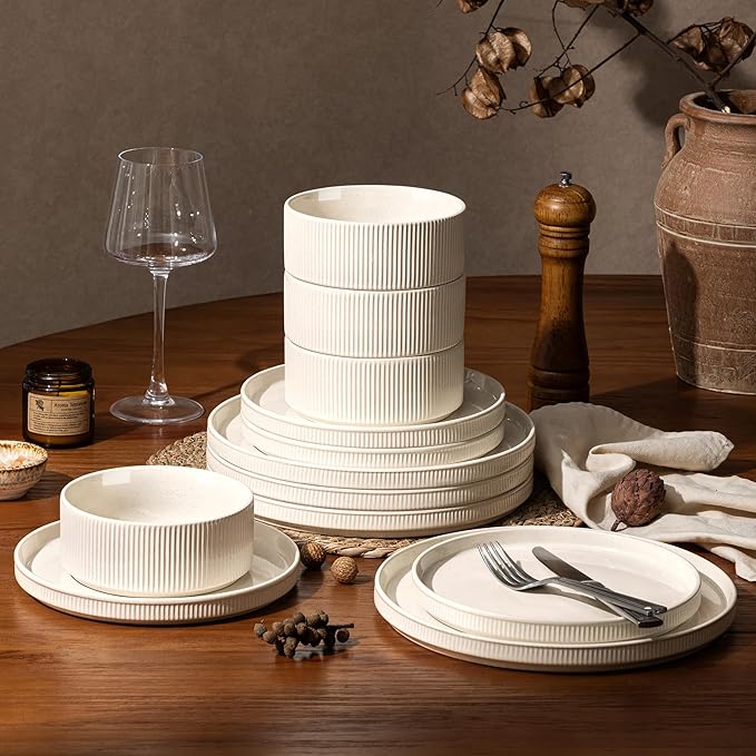 GBHOME Stoneware Dinnerware Sets for 4 12 Pieces Ceramic Ribbed Plates and Bowls Set Reactive Glaze Stackable Plate Sets Scratch Resistant Dishes Microwave &amp Dishwasher Safe Beige