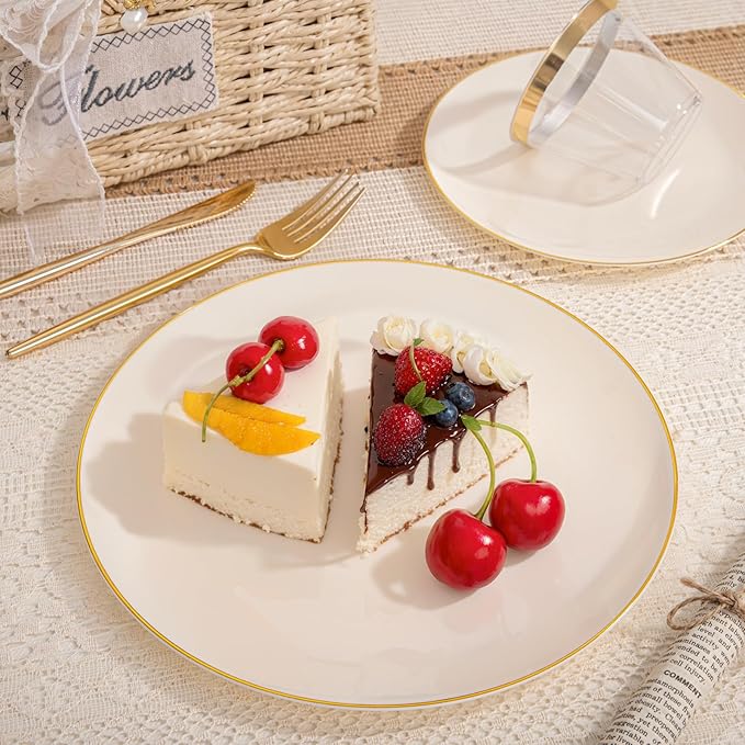 bUCLA 150PCS Ivory Plastic Plates with Gold Trim - Heavy Duty Cream Plastic Disposable for Party &amp Wedding - Include 25 Each（Dinner &amp Dessert） Plates 25 Knives 25 Forks 25 Spoons &amp 25 C