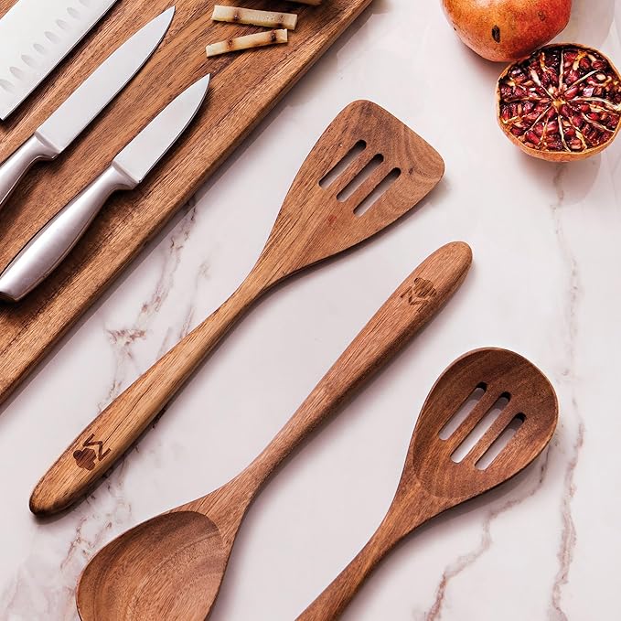 Well Home Set of 3 Pans Diameter 16 x 20 x 24 cm Made of Pressed Aluminium Copper Metallic + 3-Piece Cookware Set Acacia