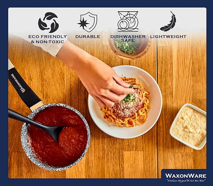 Waxonware 7pc Nonstick Cookware Set Granite Pots and Pans Set Nonstick - Dishwasher Safe and 100% PFOA &amp PTFE Free - Kitchen Pot and pan set - Stonetec Series