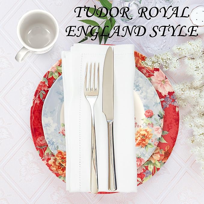 Tudor Royal 16-Piece Porcelain Round Dinnerware Set Service for 4 Crimson Design Summer Floral Plates Bowls Mugs Dishes Glossy Premium Quality Tableware Unique Pattern