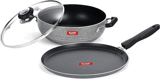 SUMEET Aluminium NonStick Zilarra Cookware Set (Dosa Tawa 26.5Cm Kadhai with Glass Lid 2 L 22Cm Dia Silver)