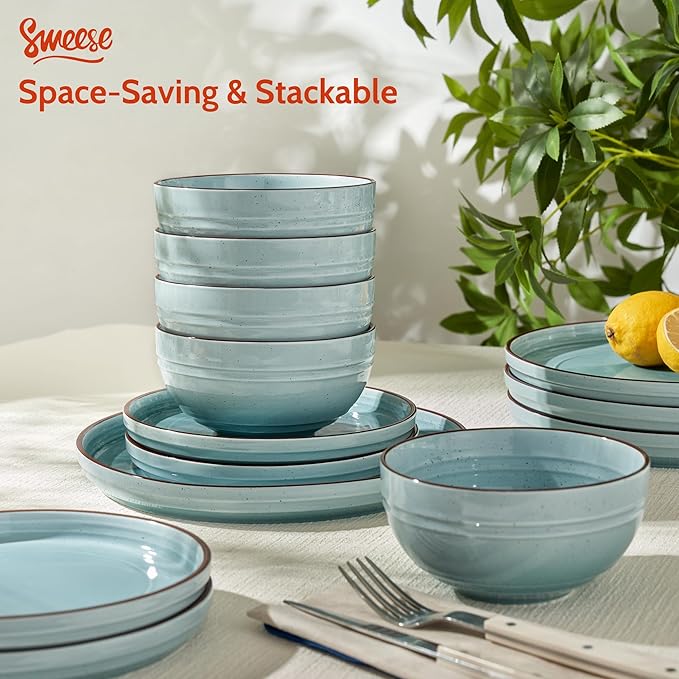 Sweese Plates and Bowls Sets Porcelain Dinnerware Sets for 6 18 pcs Handcrafted Glaze Embossed Dinner Set Scratch Resistant Dishware Dishwasher Oven Microwave Safe Ceramic Dish Set Gradient Blue