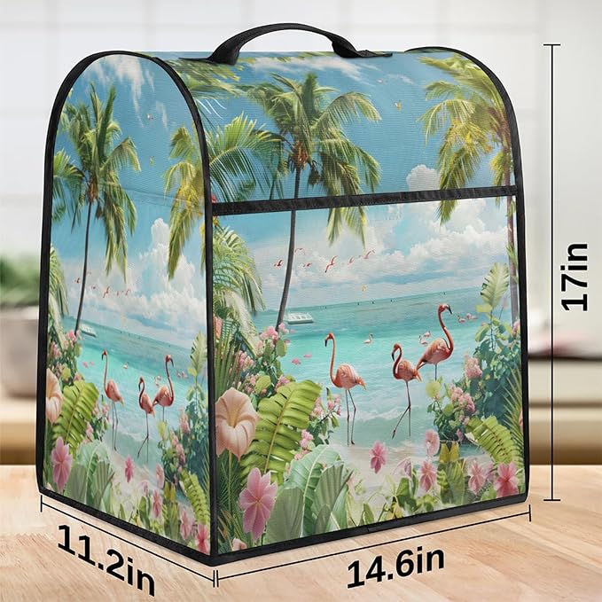 Kitchen Aid Mixer Cover Summer Flamingo Beach Flowers Stand Mixer Cover Compatible with 6-8 Quarts Stand Mixers Dust Covers with Zipper Pocket Foldable Washable Kitchen Aid Organizer Bag