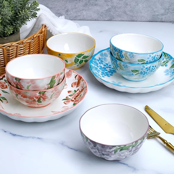 White &amp Blue Floral Porcelain Dinnerware Set 14-Piece Plates &amp Bowls Sets Microwave &amp Dishwasher Safe Elegant Gift Packaging