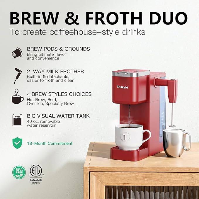 Single Serve Coffee Maker with Built-in Detachable Milk Frother Iced and Hot Coffee Machine for K Cup &amp Grounds 40oz Removable Water Reservoir 6 Cup Sizes Fits 7.3 Travel Mug Red