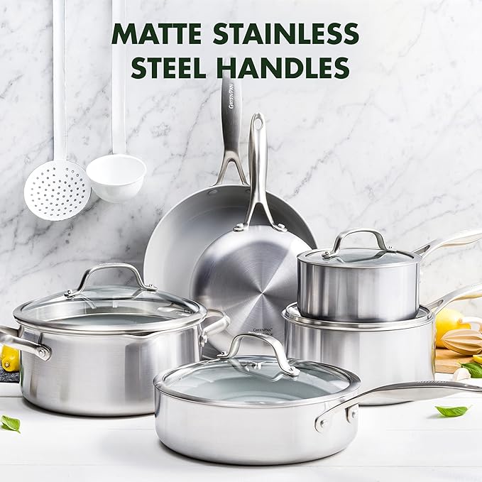 GreenPan Venice Pro 10 Piece Cookware Set Stainless Steel Non-Toxic PFAS-Free with Ceramic Nonstick Coating Induction Suitable Glass Lids Multi Clad Dishwasher &amp Oven Safe Silver