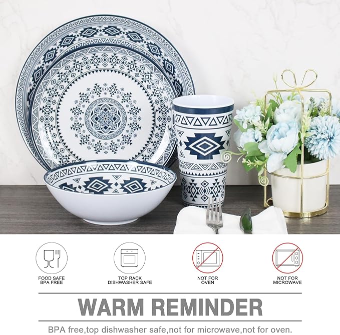 Melamine Dinnerware Set for 4-16 Pcs:Camping Dishes Set with Dinner PlatesSalad Plates Bowls and Cups.Lightweight and Unbreakable.Indoor and Outdoor Use.