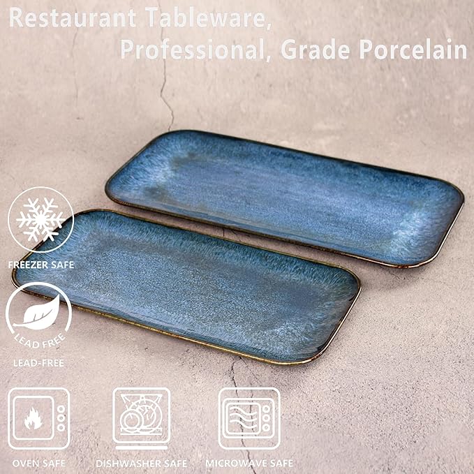Porcelain Dinner Plates Blue 2 PCS Serving platters for entertaining for Fruit cheese snack Bread cupcake Salad - Scratch Resistant durable Microwave Dishwasher Safe
