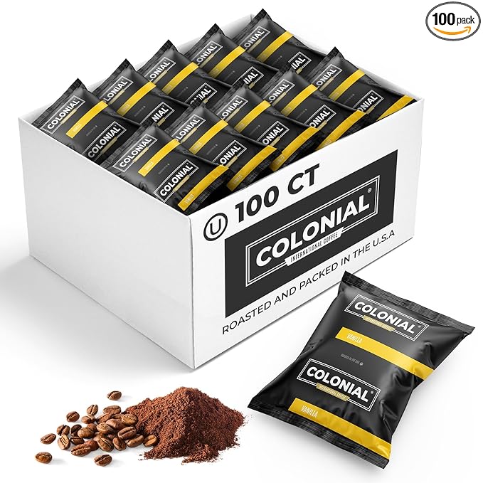 Colonial Coffee 100 Count Single Pot Coffee Packets – 100% Arabica Vanilla Flavored Medium Roast | Pre-Measured Frac Packs for 12 Cup Maker | Bulk Ground Gourmet Coffee for Home &amp Office