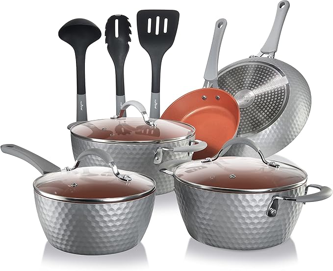 NutriChef 11 Pc Nonstick Cookware - PTFE/PFOA/PFOS Free Kitchenware Pots &amp Pans Set with Saucepan Frying Pans Cooking Pots Lids Utensils Gray