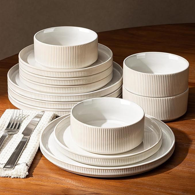 GBHOME Stoneware Dinnerware Sets for 4 12 Pieces Ceramic Ribbed Plates and Bowls Set Reactive Glaze Stackable Plate Sets Scratch Resistant Dishes Microwave &amp Dishwasher Safe Antique Cream