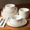 GBHOME Stoneware Dinnerware Sets for 4 12 Pieces Ceramic Ribbed Plates and Bowls Set Reactive Glaze Stackable Plate Sets Scratch Resistant Dishes Microwave &amp Dishwasher Safe Antique Cream