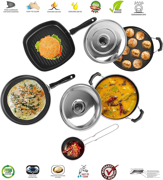 Sumeet 2.6mm Thick Non-Stick Jolet Cookware set (Dosa Tawa – 26.5cm Dia + Kadhai With Lid – 1.5Ltr capacity + Grill Appam Patra With Lid – 23cm Dia + Grill Pan – 1.1Ltr + Tadka Pan – 10cm Dia)