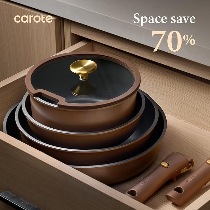 CAROTE 21pcs Pots and Pans Set Nonstick Cookware Set Detachable Handle Induction Kitchen Cookware Sets Non Stick with Removable Handle RV Cookware Set Oven Safe Brown