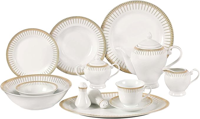 Lorren Home Trends 57-Piece Porcelain Dinnerware Set with Rain Drop Border Service for 8 Gold