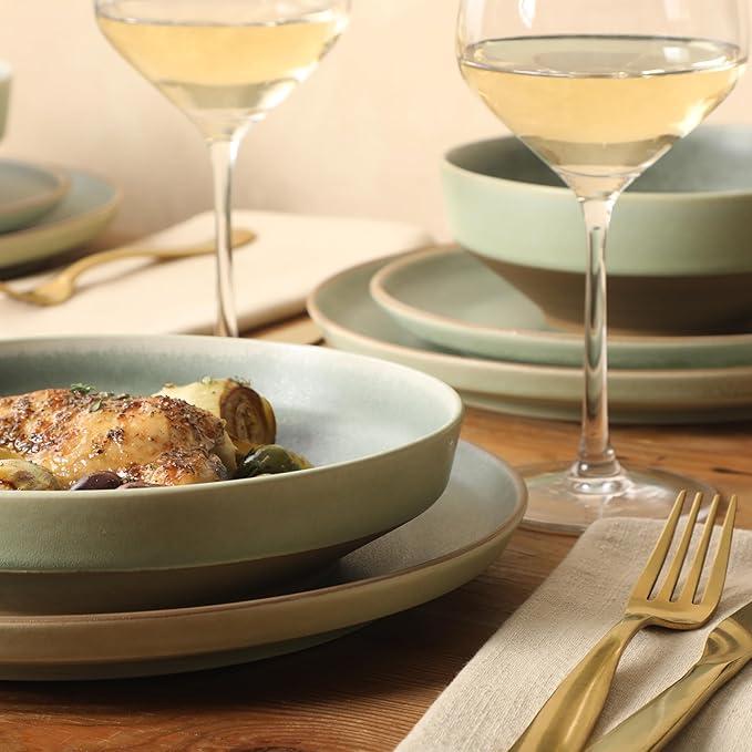 Gibson Elite Octavia Place 16 Piece Stoneware Dinnerware Set Service for 4 Coupe Modern Plates &amp Bowls Reactive Glaze Finish Green Microwave &amp Dishwasher Safe