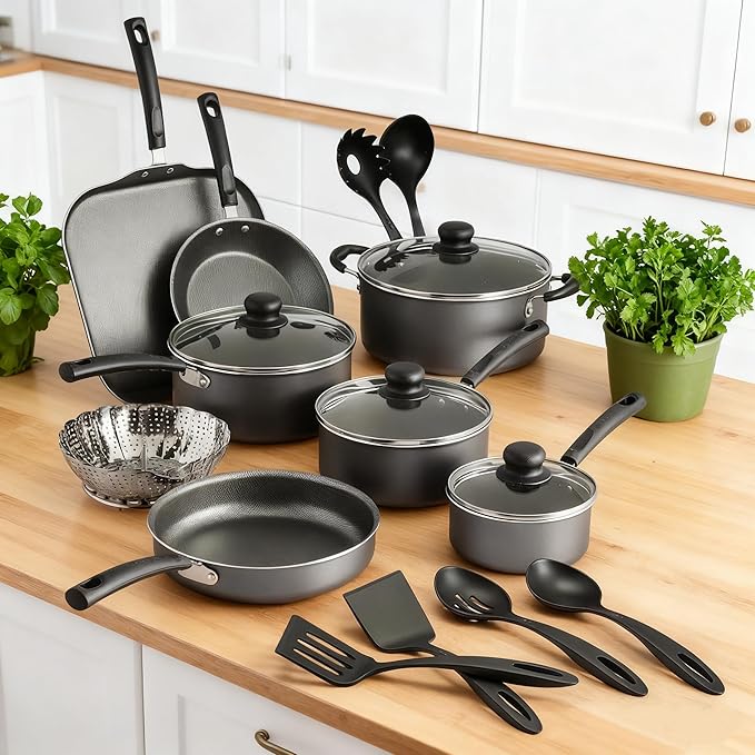 18 Piece Non-stick Cookware Set - Steel Gray Color Complete Set for Home Kitchen Daily Cooking