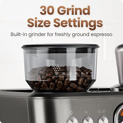 Chefman Crema Deluxe Espresso Machine with Double Boiler Use Milk Frother and Brew Espresso Simultaneously Professional Coffee Maker with Coffee Grinder and Steam Wand 30 Grind Settings