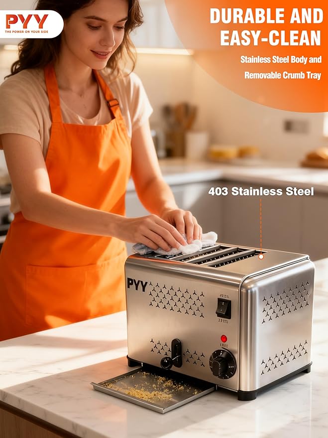 PYY Commercial Toaster 4 Slices with 2/4 Slice Option 120pcs/h 6-Level Setting Toaster with Removable Crumb Tray 1.1 inch Wide Slot for Bagel Bread Stainless Steel for Restaurant Home 1200W