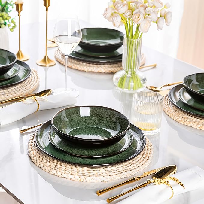 LeRatio Ceramic Dinnerware Sets for 4Wavy Reactive Glaze Stoneware Plates and Bowls SetsHighly Scratch Resistant | Dishwasher &amp MicrowaveOven Safe Dishes Set(12PCS)