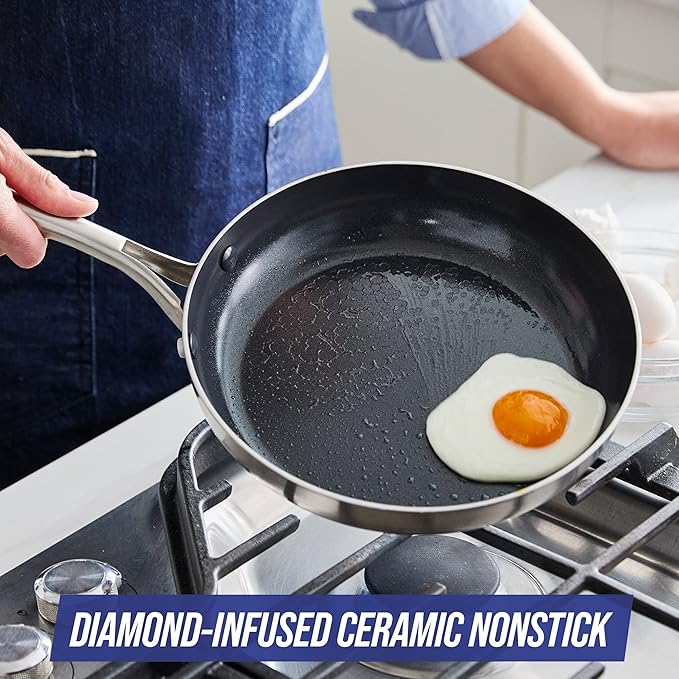 Blue Diamond HD Stainless Steel Clad Pro 2-Piece 9.5 and 11 Frypan Skillet Set Diamond Infused Ceramic Nonstick PFAS-Free Dishwasher Safe Oven and Broiler Safe Silver