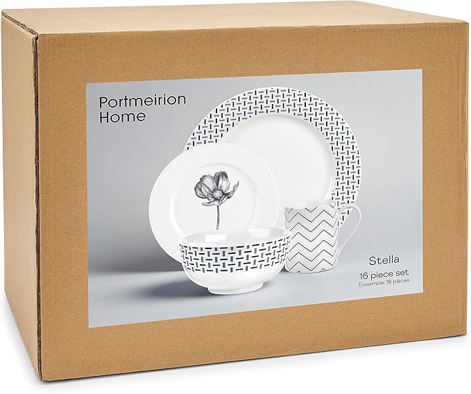 Portmeirion Home Stella 16 Piece Set - Monochrome Porcelain Dinnerware Collection with Patterned Borders Mix &amp Match Designs - Ideal for Family Dining Casual Entertaining &amp Modern Table Sett