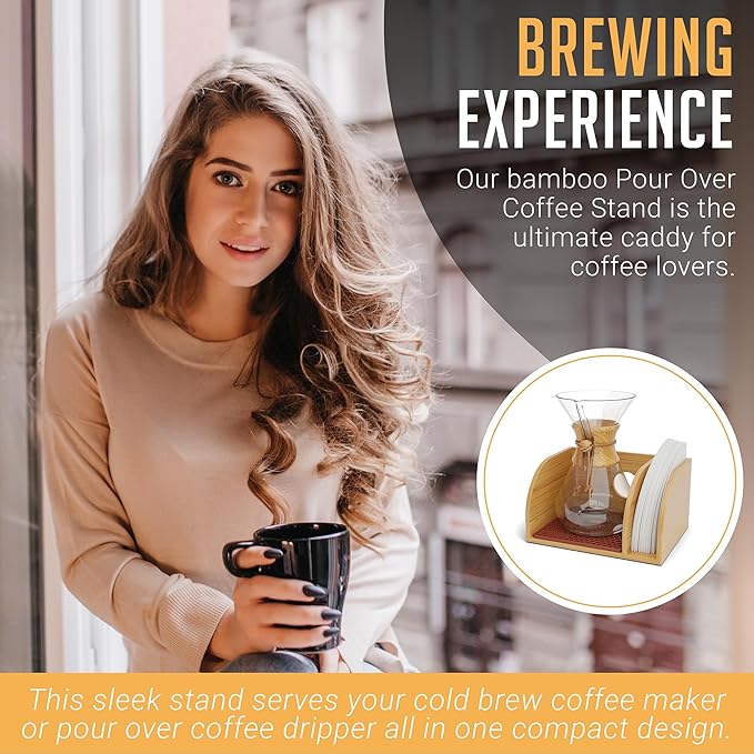 HEXNUB Bamboo Caddy for Pour Over Coffee Maker Fits Chemex Bodum Cosori Heatproof Mat Filter Holder