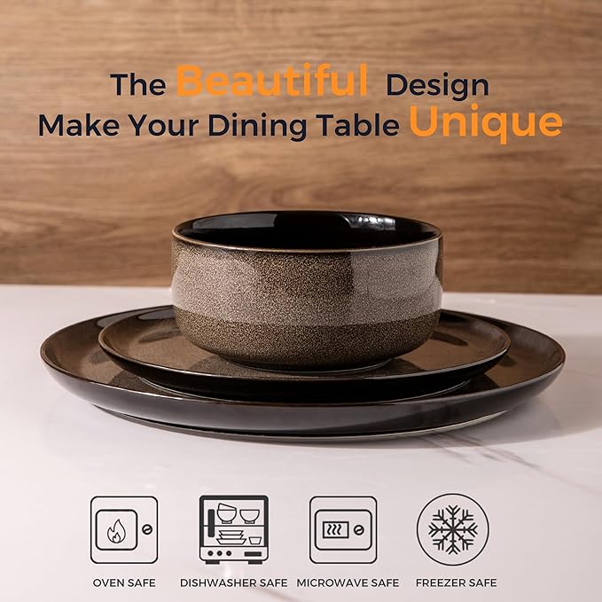 LeRatio Ceramic Dinnerware Sets for 6Poreclain Plates and Bowls SetsHandmade Reactive Glaze Dishes SetChip Resistant and Scratch Resistant | Oven&ampDishwasher &amp Microwave Safe-Chestnut(18PCS)