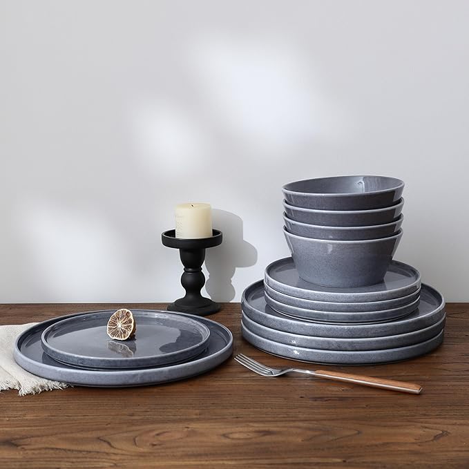 Famiware Annecy Dinner Plates and Bowls Sets Stoneware Dinnerware Sets Dishes Set for 6 18 Pieces Handmade Dishware Set - Microwave &amp Dishwasher Safe Double Reactive Glaze Tableware Misty-Blu