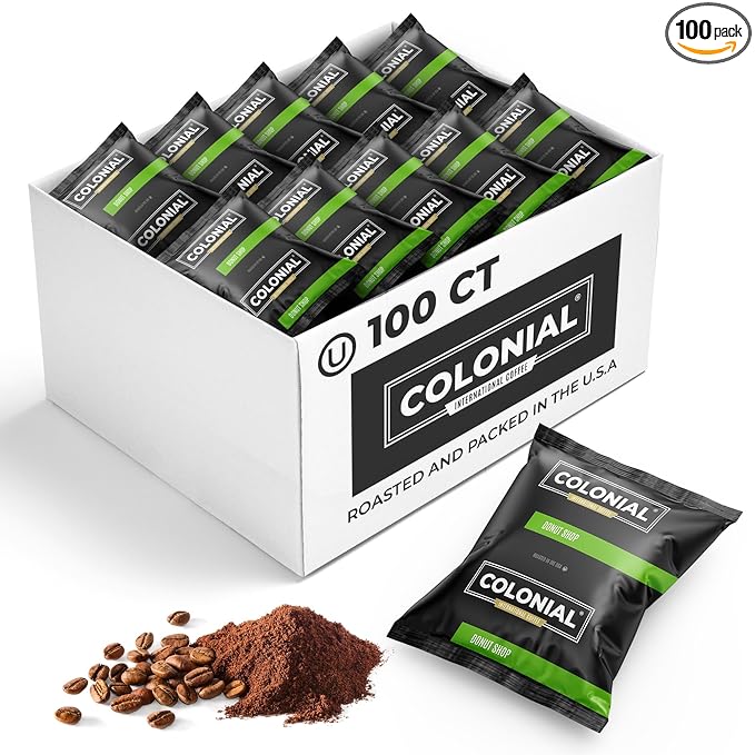 Colonial Coffee 100 Count Single Pot Coffee Packets – 100% Arabica Donut Shop Blend Medium Roast | Pre-Measured Frac Packs for 12 Cup Maker | Bulk Ground Gourmet Coffee for Home &amp Office
