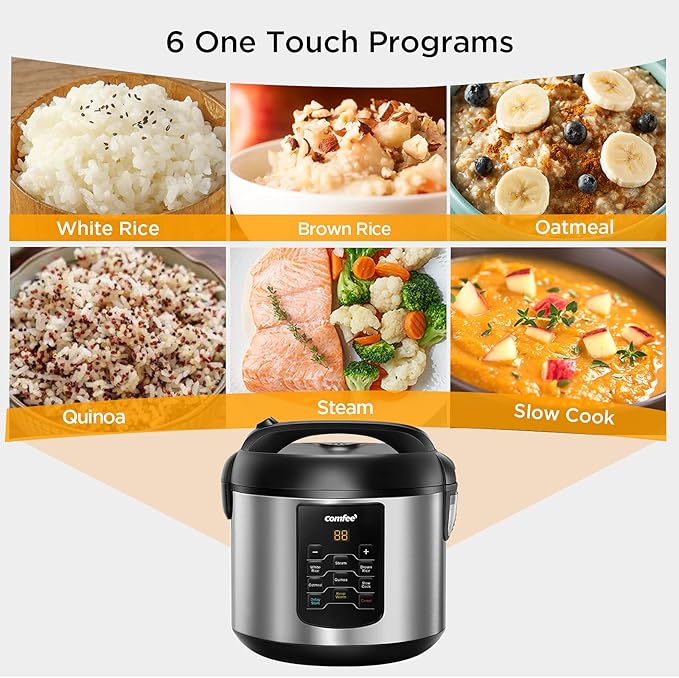 COMFEE' Rice Cooker Small 8 Cups Cooked(4 Cups Uncooked) 6-in-1 Stainless Steel Multi Cooker Slow Cooker Steamer &amp COMFEE' Glass Electric Tea Kettle &amp Hot Water Boiler 1.7L Bundle