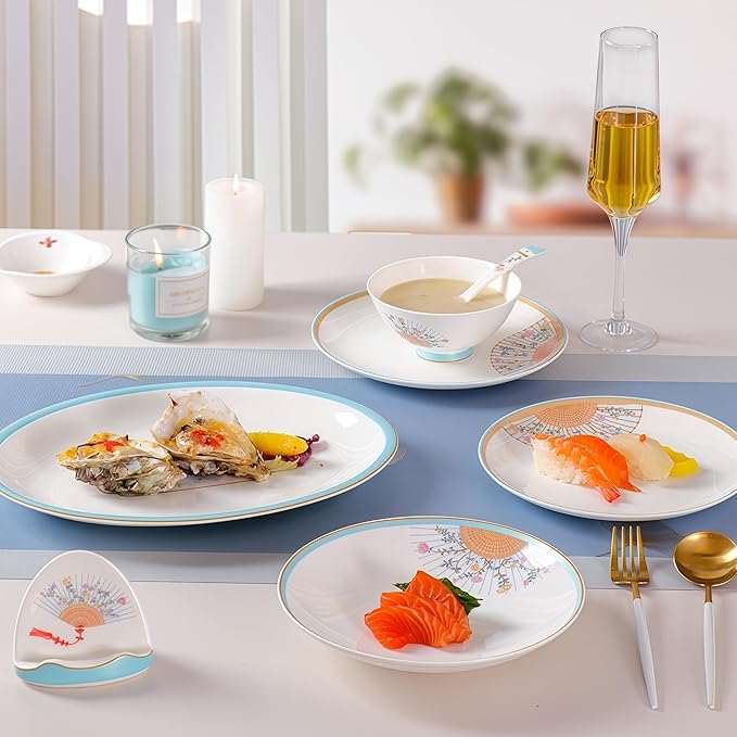 Fine Bone China Dinnerware SetPorcelain&ampCeramic Dinnerware SetsBone Stoneware &amp Ceramic Cookware Tableware Set Includes Dinner Plates|Spoons|Pasta Bowls|Soup Pot|Chopsticks (32PCS * 6-Person