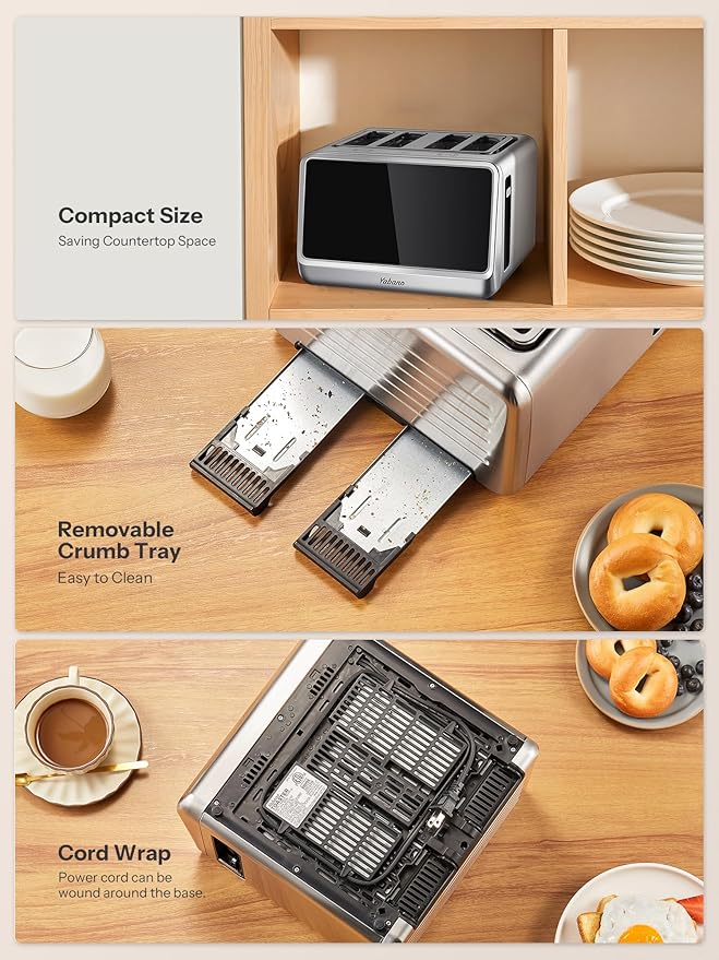 Yabano 4-Slice Toaster with Smart Touch Control 6 Shade Levels &amp 6 Bread Settings Extra Wide Slot for Bagels/English Muffins Compact Design with Removable Crumb Tray