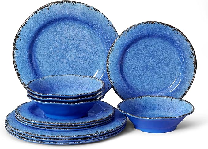 LEHAHA 12 Piece Melamine Dinnerware Set BPA Free Farmhouse Outdoor Dishes Set for 4 A Light Weight and Unbreakable Rustic Plate Bowl Set for Patio RV and Camping