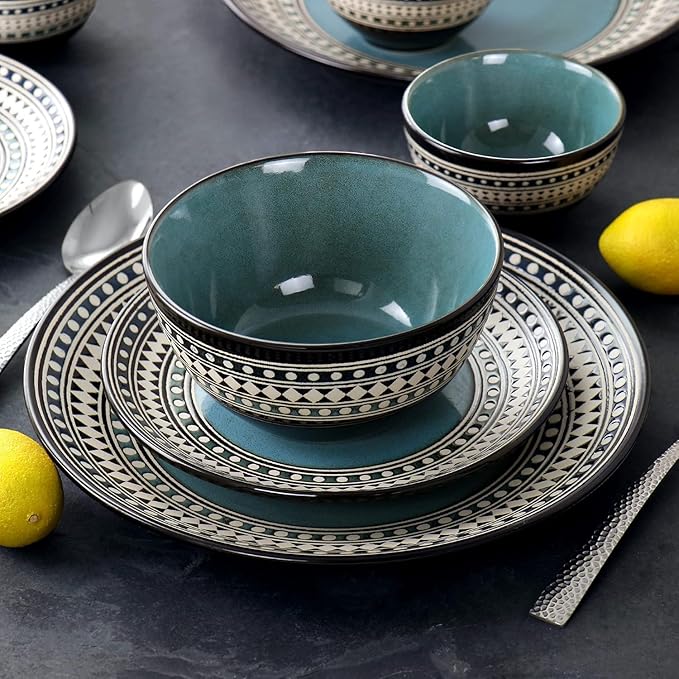 Blue Sage 16 Piece Stoneware Dinnerware Set – Double Bowl Design Microwave &amp Dishwasher Safe Plates and Bowls for Everyday Dining