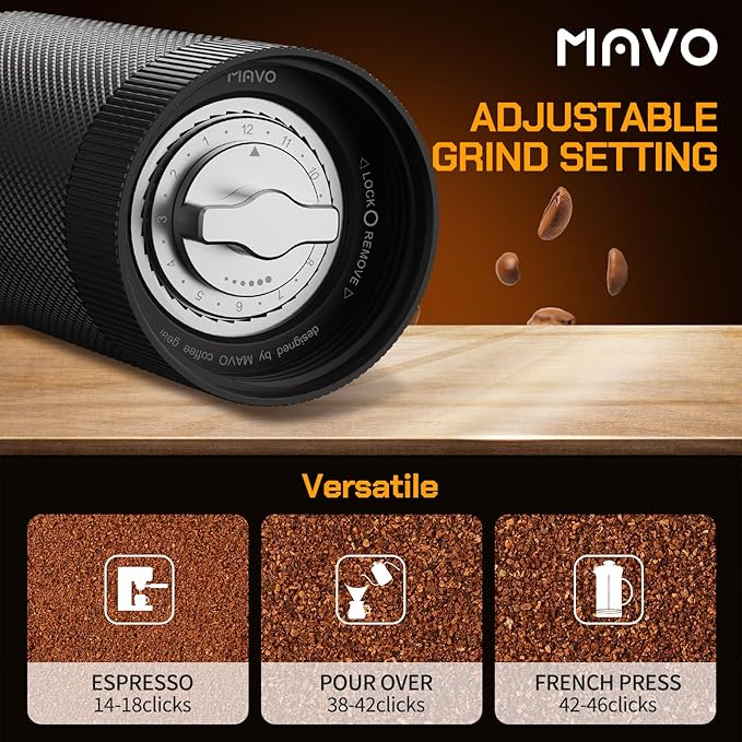 MAVO Manual Coffee Grinder Wizard Hand Coffee Grinder Capacity 25g with CNC Stainless Steel Pentagon Conical Burr Adjustable Setting Burr Coffee Bean Grinder for French Press Pour Over Silver