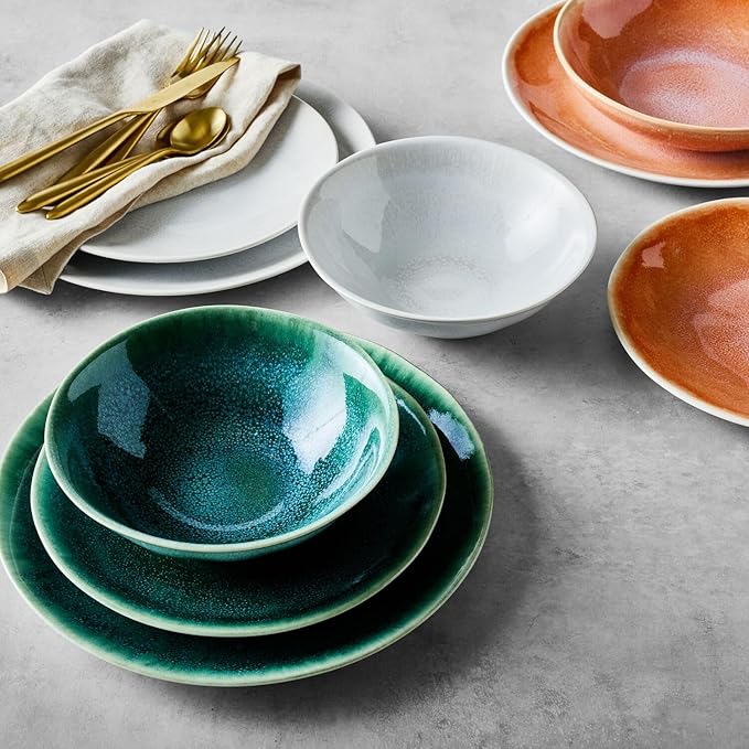 Sur La Table Cloud Stoneware Dinnerware Set – 12-Piece Handcrafted Ceramic Collection Made in Portugal with Reactive Glaze Organic Design Dishwasher &amp Microwave White