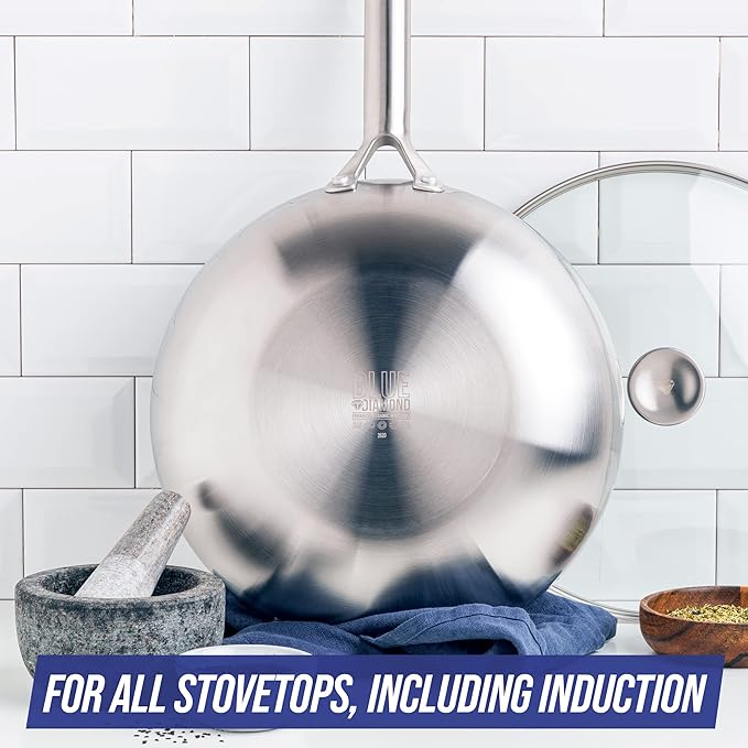 Blue Diamond Cookware Tri-Ply Stainless Steel Ceramic Nonstick 7 Piece Cookware Pots and Pans Set PFAS-Free Multi Clad Induction Dishwasher Safe Oven Safe Silver