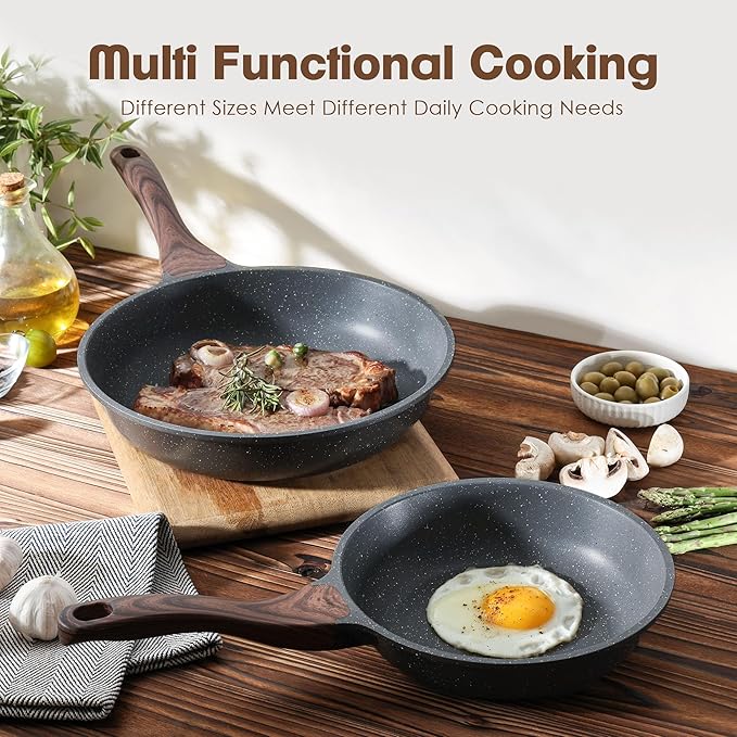 SENSARTE Nonstick Frying Pan Skillets Swiss Granite Coating Omelette Pans Healthy Cookware Chef's Pans Free of Intentionally Added PFOA (8+10 Inch)