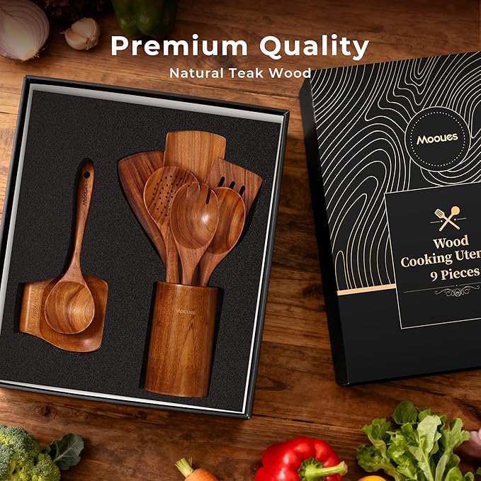 Wooden Spoons for Cooking Wooden Utensils for Cooking Natural Teak Wooden Kitchen Utensils Set Comfort Grip(9 PCS SET GIFT BOX)