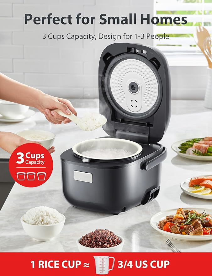TOSHIBA Rice Cooker Small 3-Cup Uncooked– LCD Display with 8 Cooking Functions: Rice Oatmeal Mixed Grains and More NonStick Inner Pot Grey