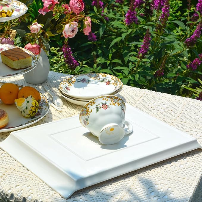 ACMLIFE Bone China Dinnerware Set for 4 Vintage Floral Design Mount Fuji Inspired Serving Tray Included