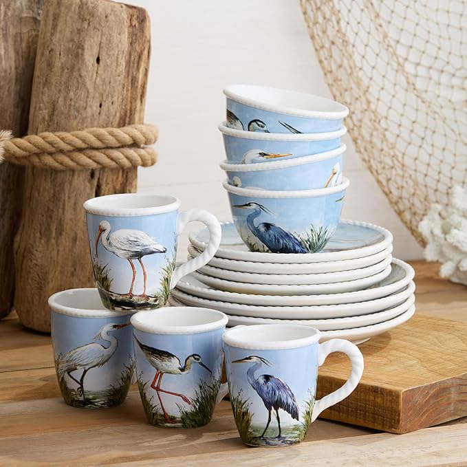 Coastal Birds 16-Piece DINNERWARE SET SERVICE for 4 Ceramic Dinner Salad Plates Mugs Bowls artist-designed Wetland Birds Blue Sky for Coastal Dining