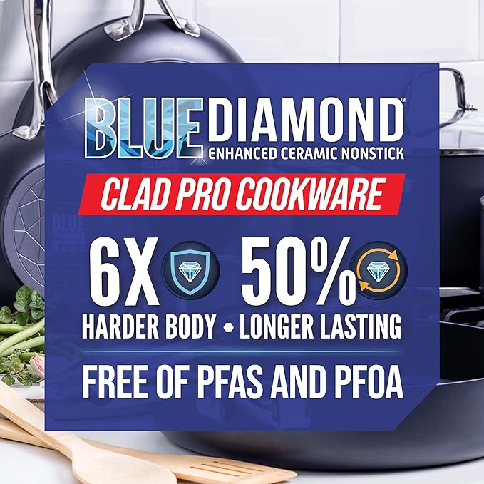 Blue Diamond HD Stainless Steel Clad Pro 8 &amp 11 Frypan Skillet Set Diamond Infused Healthy Ceramic Nonstick PFAS &amp PFOA-Free Induction Suitable Dishwasher Oven &amp Broiler Safe Durab