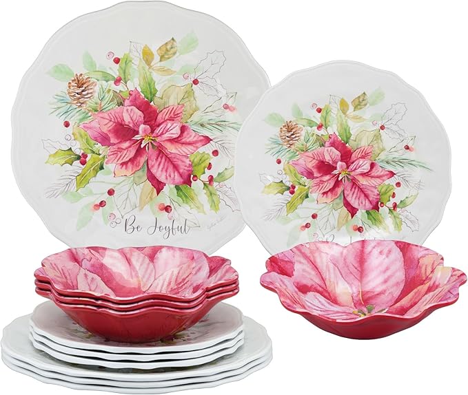 UPware 12 Piece Joyful Holiday Melamine Dinnerware Sets Outdoor Dishes Set Plates and Bowls Sets Christmas Decorations Service for 4 Red