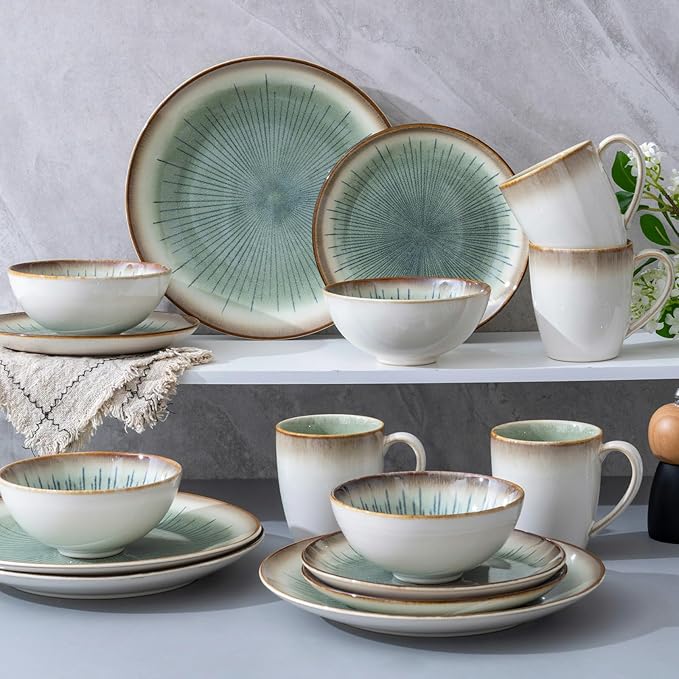 Dinnerware Set Green Stoneware 16 Pieces Service for 4 Stoneware Plates and Bowls Set Highly Chip Dishwasher Microwave Safe Dishes set